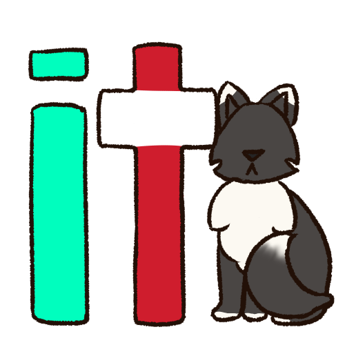 The word 'it' in teal, white, and red, written in large letters and taking up half the symbol. Next to it is a drawing of a black cat sitting down, with white paws, chest fur, and tail tip. 